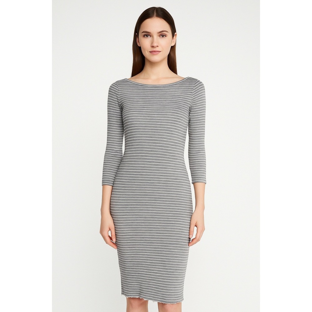 BCBGMAXAZRIA Gray White Striped 3/4 Sleeve Knit Bodycon Dress XS